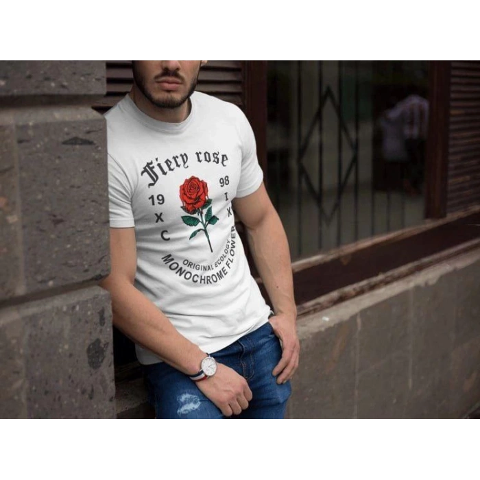 Erkek Tişort Bisiklet Yaka Baskılı Kısa kol T-Shirt - Beyaz