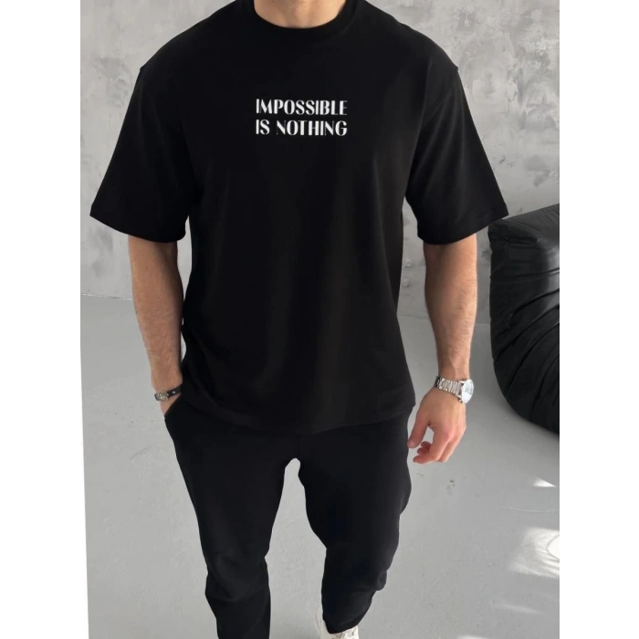 Erkek Tişört Bisiklet Yaka Baskılı Oversize Kısa kol T-Shirt - Siyah