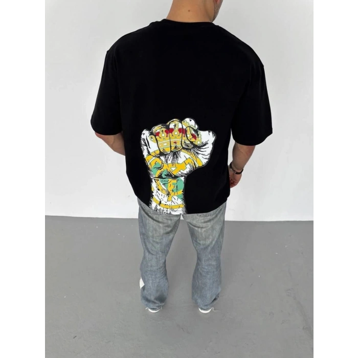 ERKEK Tişört Bisiklet Yaka Baskılı Oversize T-Shirt - Siyah