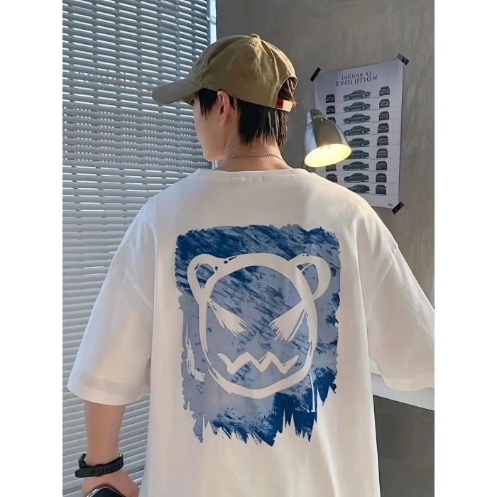 Erkek Tişört Bisiklet Yaka Kore sevimli ayı baskı Kısa Kol T-Shirt  - Beyaz