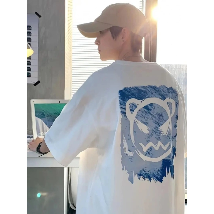 Erkek Tişört Bisiklet Yaka Kore sevimli ayı baskı Kısa Kol T-Shirt  - Beyaz