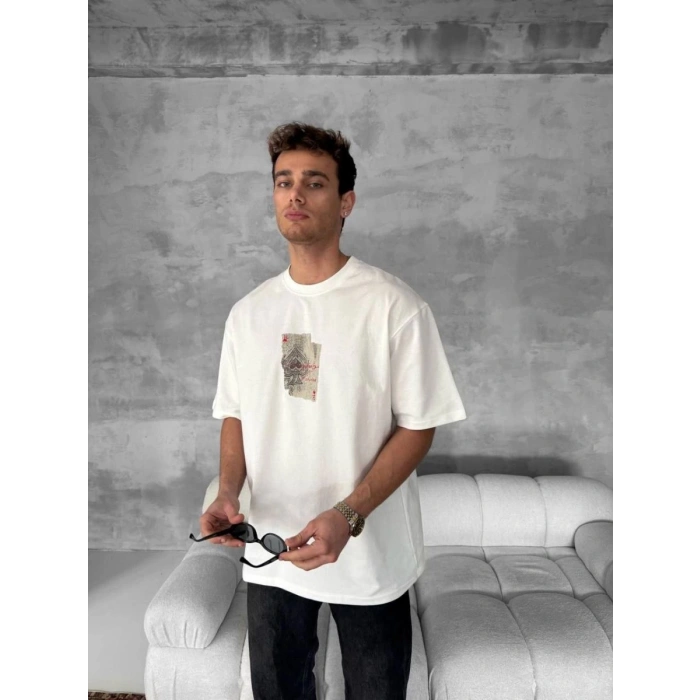 ERKEK Tişört Kısa kol Ön ve Arka Baskılı Oversize Bisiklet Yaka T-Shirt - Beyaz