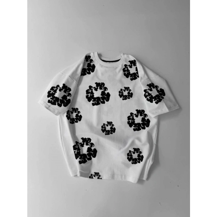 Erkek Tişört Ön ve Arka Baskılı Oversize Bisiklet Yaka T-shirt- Beyaz
