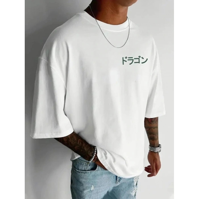 Erkek Tişört Penye Compack Ejder Baskılı Bisiklet Yaka T-shirt - Beyaz