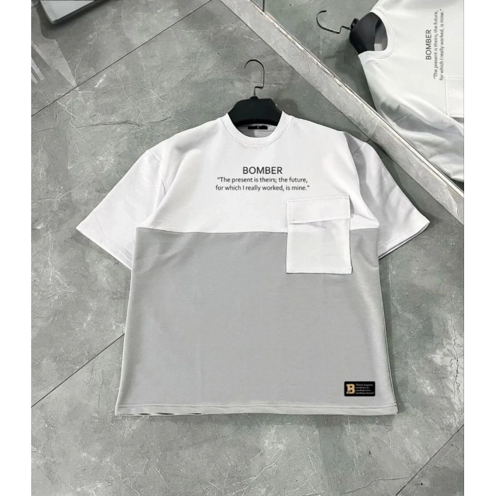 ERKEK Tişört Torba Cepli Parçalı Kısa Kol T-Shirt - Gri
