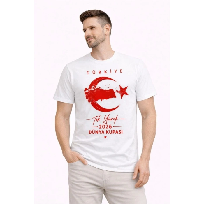 Erkek TÜRKİYE Ay Yıldız Baskılı Taraftar Forma T-Shirt - Beyaz
