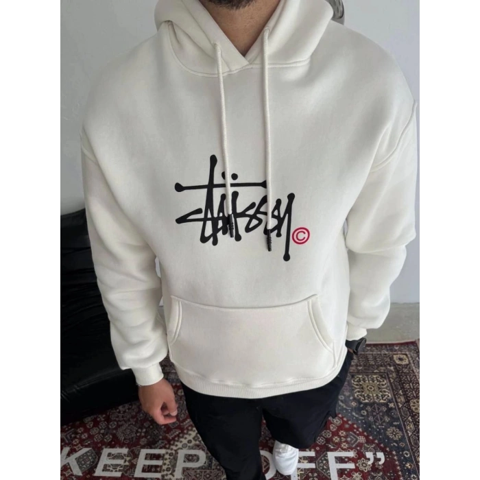 Erkek Üç İplik Kapşonlu Baskılı SweatShirt - Beyaz