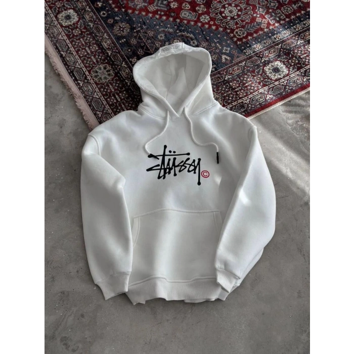 Erkek Üç İplik Kapşonlu Baskılı SweatShirt - Beyaz