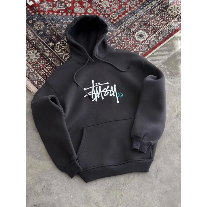 Erkek Üç İplik Kapşonlu Baskılı SweatShirt - Füme