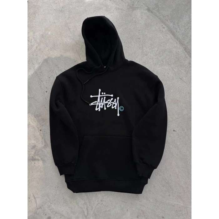 Erkek Üç İplik Kapşonlu Baskılı SweatShirt - Siyah