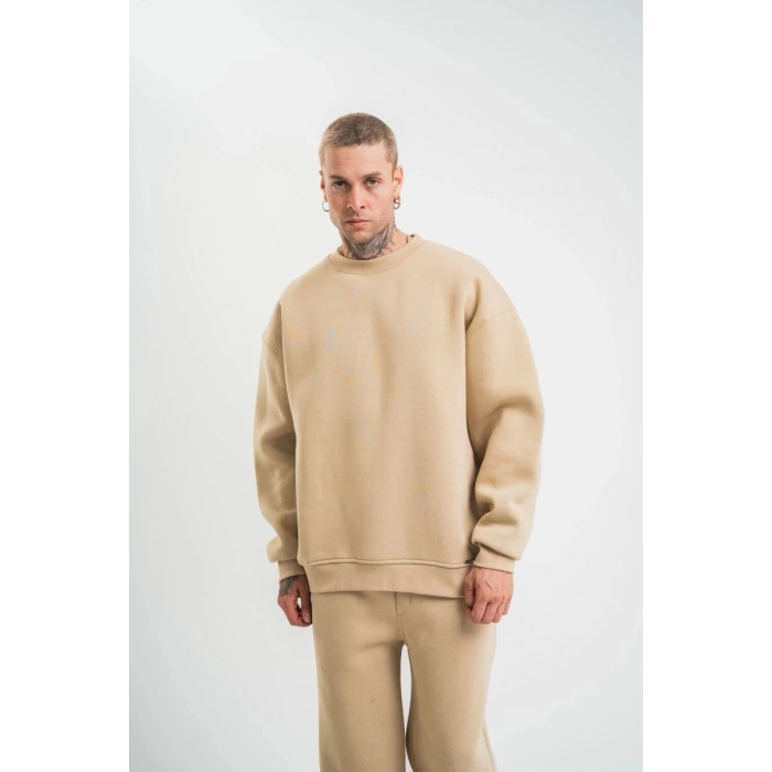 Erkek Uzun Kol Bisiklet Yaka 3 iplik Pamuklu Kışlık SweatShirt  - Bej