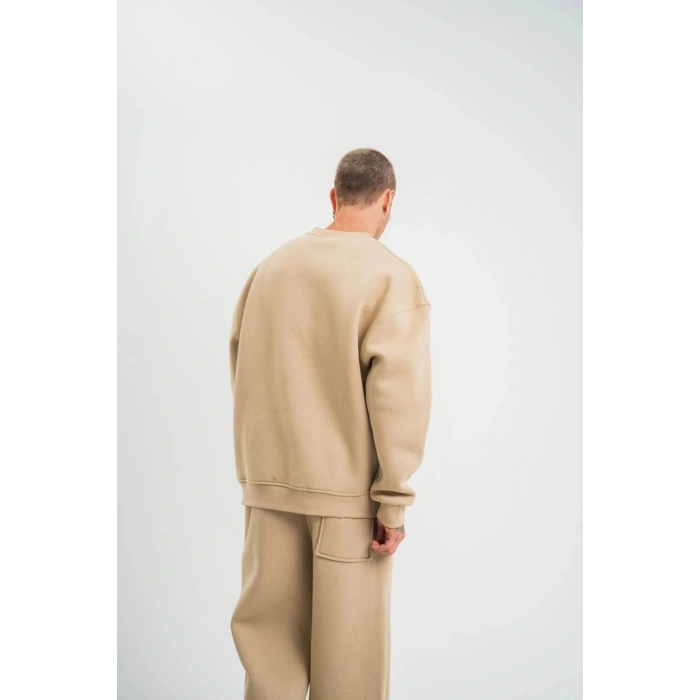 Erkek Uzun Kol Bisiklet Yaka 3 iplik Pamuklu Kışlık SweatShirt  - Bej