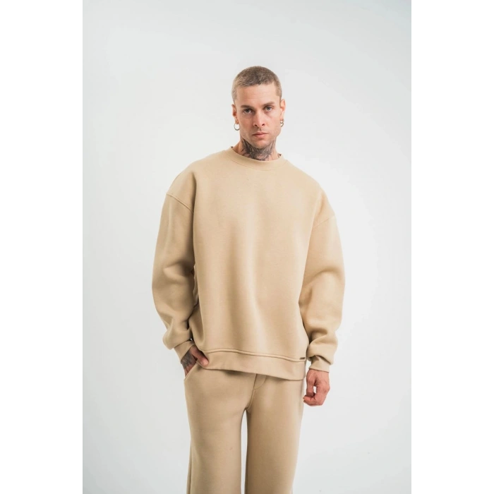 Erkek Uzun Kol Bisiklet Yaka 3 iplik Pamuklu Kışlık SweatShirt  - Bej
