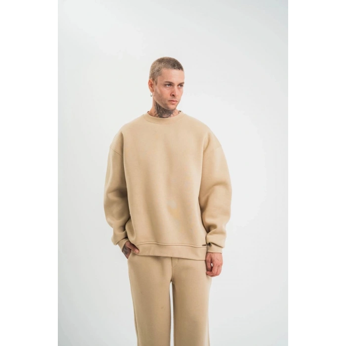 Erkek Uzun Kol Bisiklet Yaka 3 iplik Pamuklu Kışlık SweatShirt  - Bej