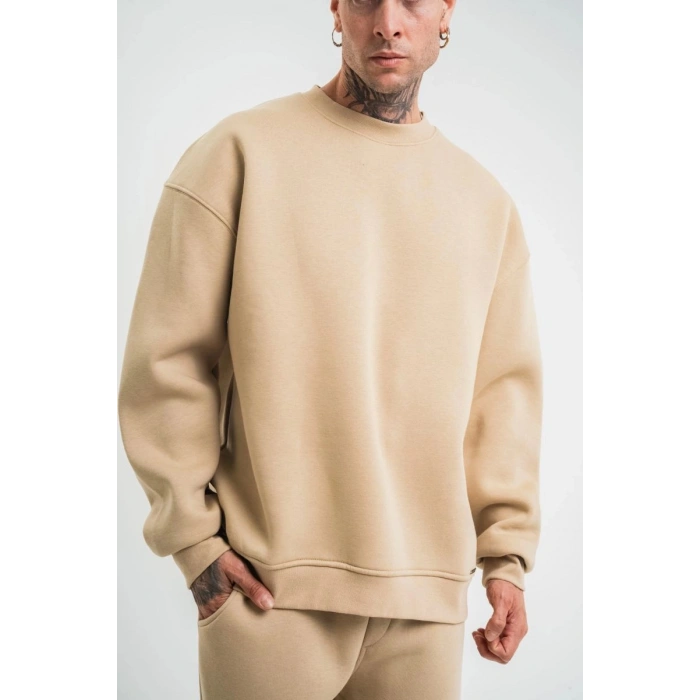 Erkek Uzun Kol Bisiklet Yaka 3 iplik Pamuklu Kışlık SweatShirt  - Bej
