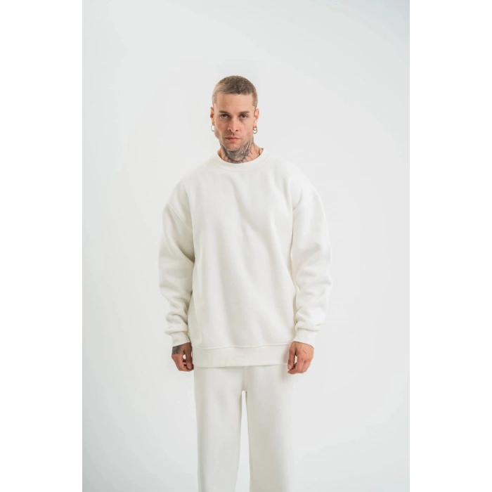 Erkek Uzun Kol Bisiklet Yaka 3 iplik Pamuklu Kışlık SweatShirt  - Beyaz