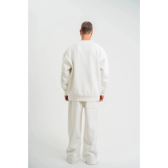 Erkek Uzun Kol Bisiklet Yaka 3 iplik Pamuklu Kışlık SweatShirt  - Beyaz