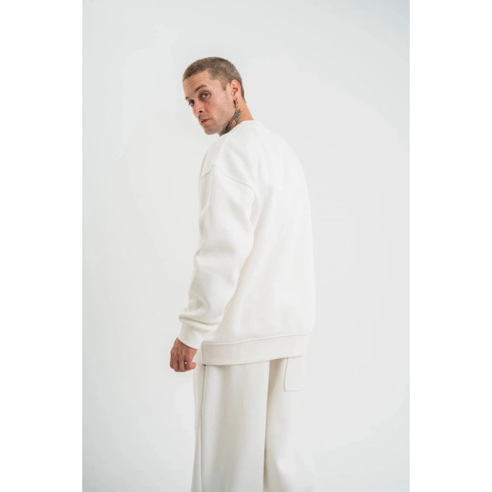 Erkek Uzun Kol Bisiklet Yaka 3 iplik Pamuklu Kışlık SweatShirt  - Beyaz