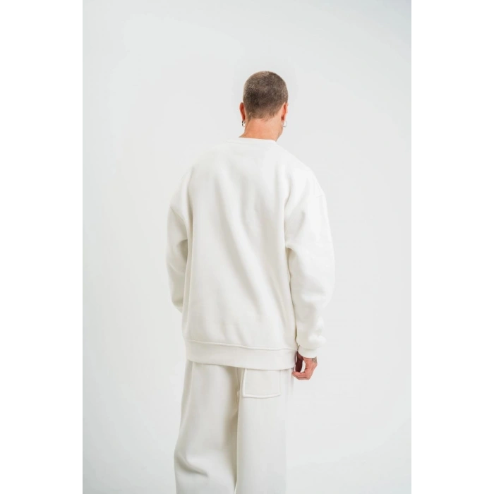 Erkek Uzun Kol Bisiklet Yaka 3 iplik Pamuklu Kışlık SweatShirt  - Beyaz
