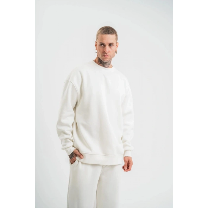 Erkek Uzun Kol Bisiklet Yaka 3 iplik Pamuklu Kışlık SweatShirt  - Beyaz