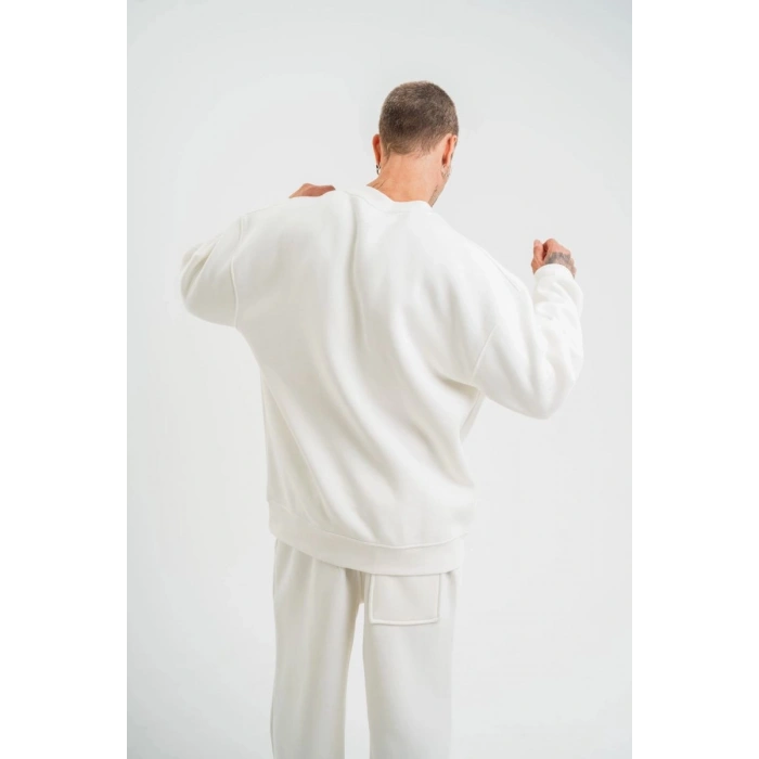 Erkek Uzun Kol Bisiklet Yaka 3 iplik Pamuklu Kışlık SweatShirt  - Beyaz