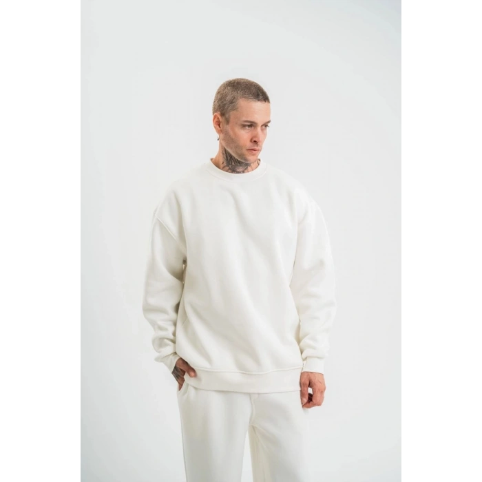 Erkek Uzun Kol Bisiklet Yaka 3 iplik Pamuklu Kışlık SweatShirt  - Beyaz