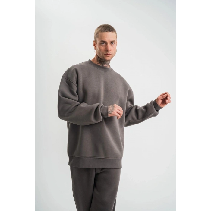 Erkek Uzun Kol Bisiklet Yaka 3 iplik Pamuklu Kışlık SweatShirt  - Füme