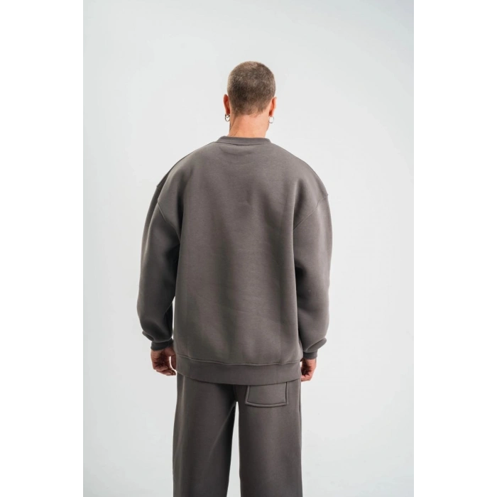 Erkek Uzun Kol Bisiklet Yaka 3 iplik Pamuklu Kışlık SweatShirt  - Füme