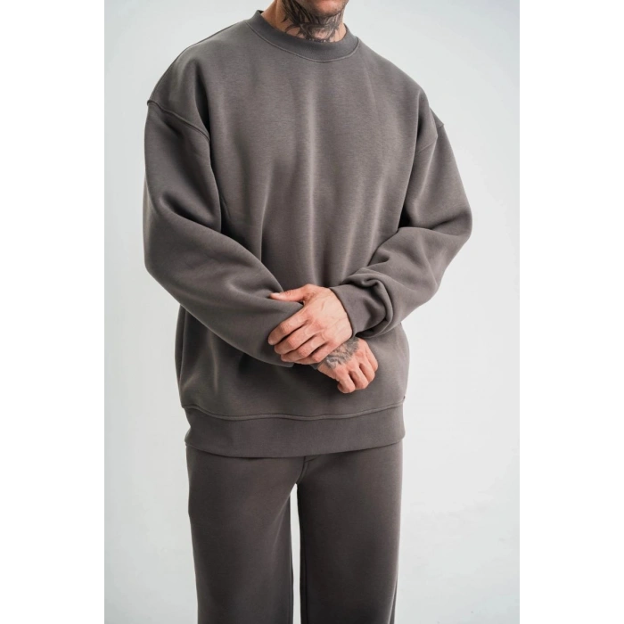 Erkek Uzun Kol Bisiklet Yaka 3 iplik Pamuklu Kışlık SweatShirt  - Füme