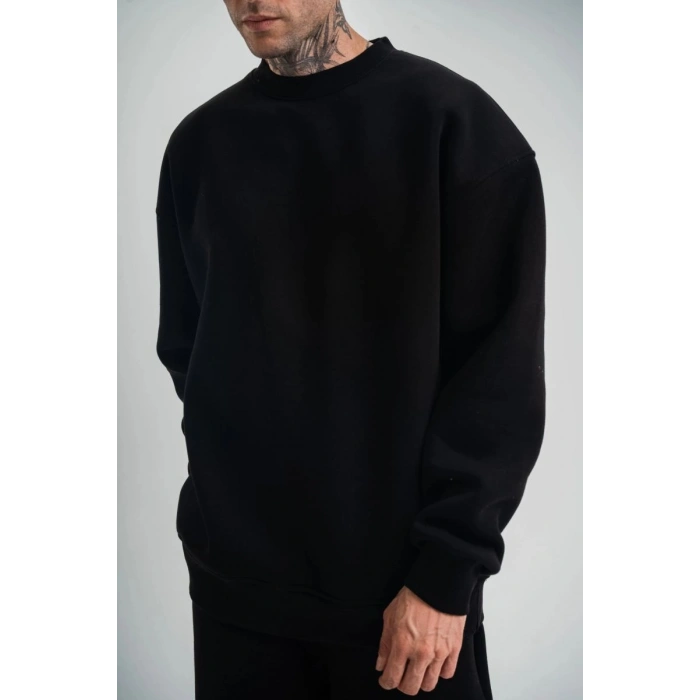 Erkek Uzun Kol Bisiklet Yaka 3 iplik Pamuklu Kışlık SweatShirt - Siyah