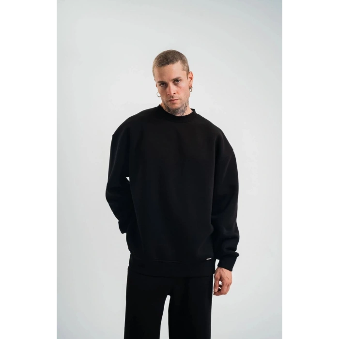 Erkek Uzun Kol Bisiklet Yaka 3 iplik Pamuklu Kışlık SweatShirt - Siyah