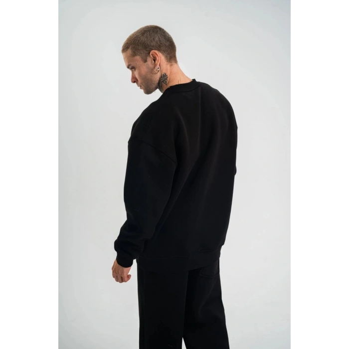 Erkek Uzun Kol Bisiklet Yaka 3 iplik Pamuklu Kışlık SweatShirt - Siyah