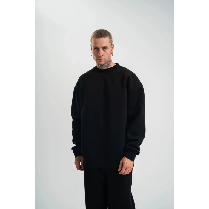 Erkek Uzun Kol Bisiklet Yaka 3 iplik Pamuklu Kışlık SweatShirt - Siyah