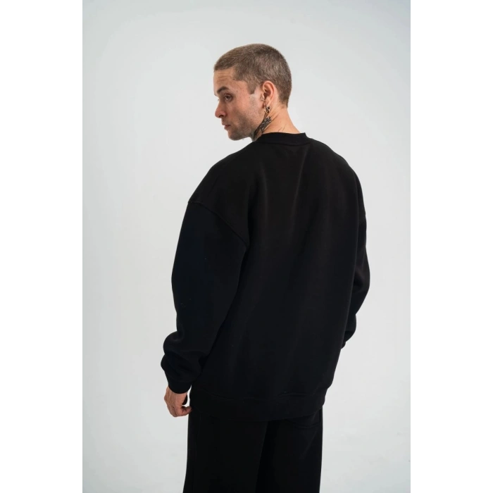 Erkek Uzun Kol Bisiklet Yaka 3 iplik Pamuklu Kışlık SweatShirt - Siyah