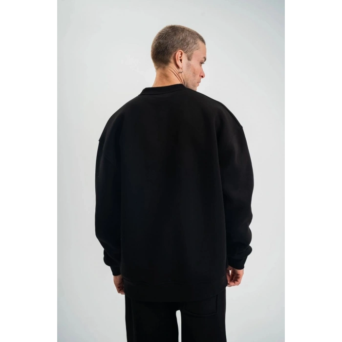 Erkek Uzun Kol Bisiklet Yaka 3 iplik Pamuklu Kışlık SweatShirt - Siyah