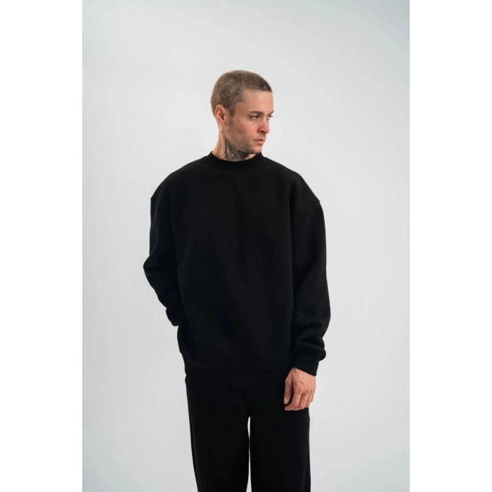 Erkek Uzun Kol Bisiklet Yaka 3 iplik Pamuklu Kışlık SweatShirt - Siyah
