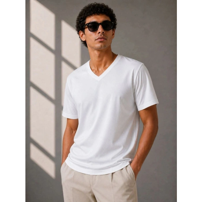 Erkek V Yaka Basic Tişört Kısa Kol Yazlık Regular Fit T-Shirt - Beyaz