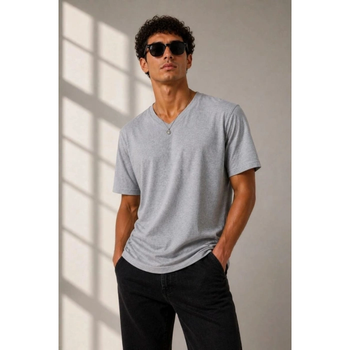 Erkek V Yaka Basic Tişört Kısa Kol Yazlık Regular Fit T-Shirt - Gri