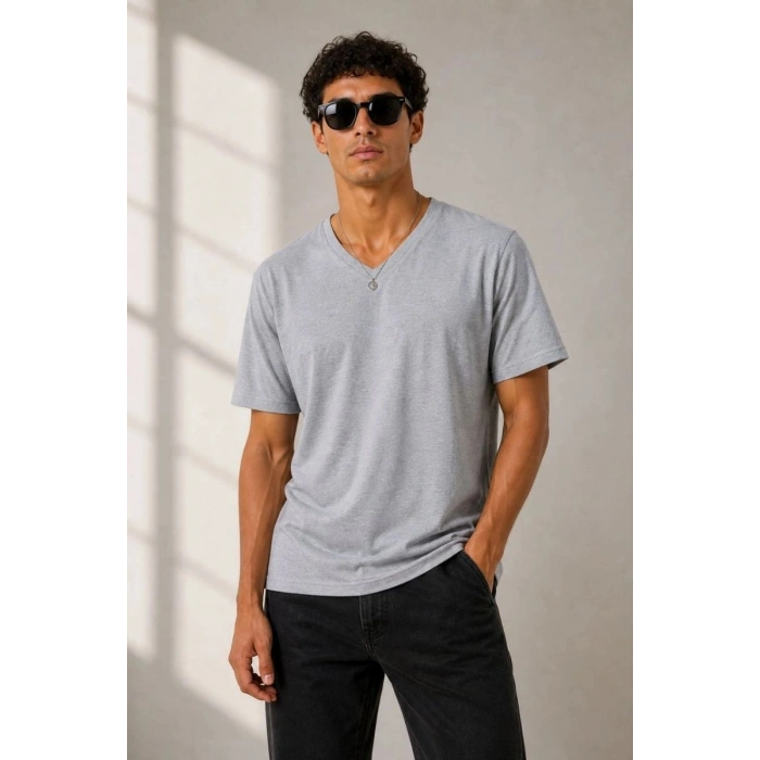 Erkek V Yaka Basic Tişört Kısa Kol Yazlık Regular Fit T-Shirt - Gri