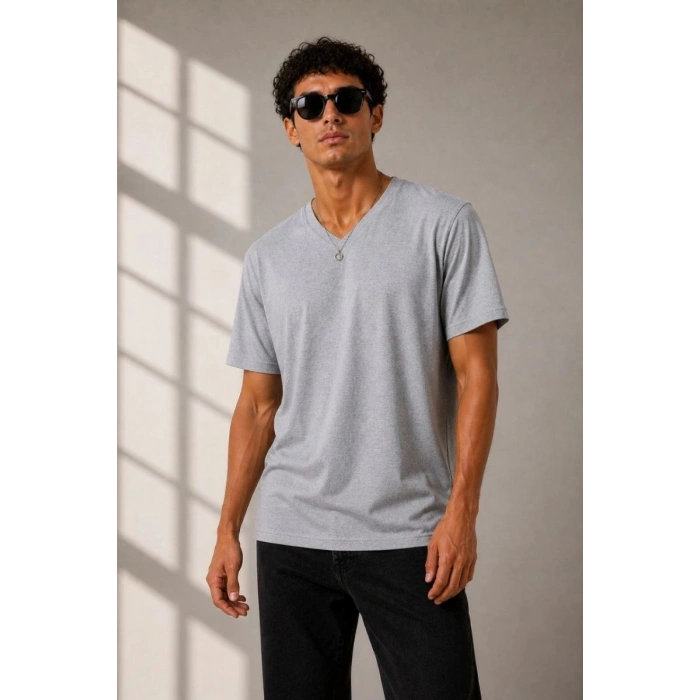 Erkek V Yaka Basic Tişört Kısa Kol Yazlık Regular Fit T-Shirt - Gri