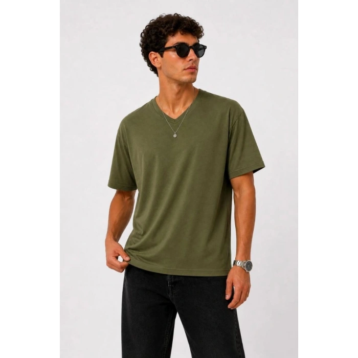Erkek V Yaka Basic Tişört Kısa Kol Yazlık Regular Fit T-Shirt - Haki