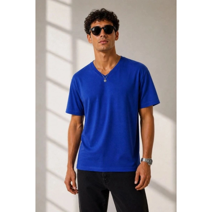 Erkek V Yaka Basic Tişört Kısa Kol Yazlık Regular Fit T-Shirt - Saks Mavisi