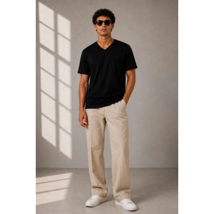 Erkek V Yaka Basic Tişört Kısa Kol Yazlık Regular Fit T-Shirt - Siyah