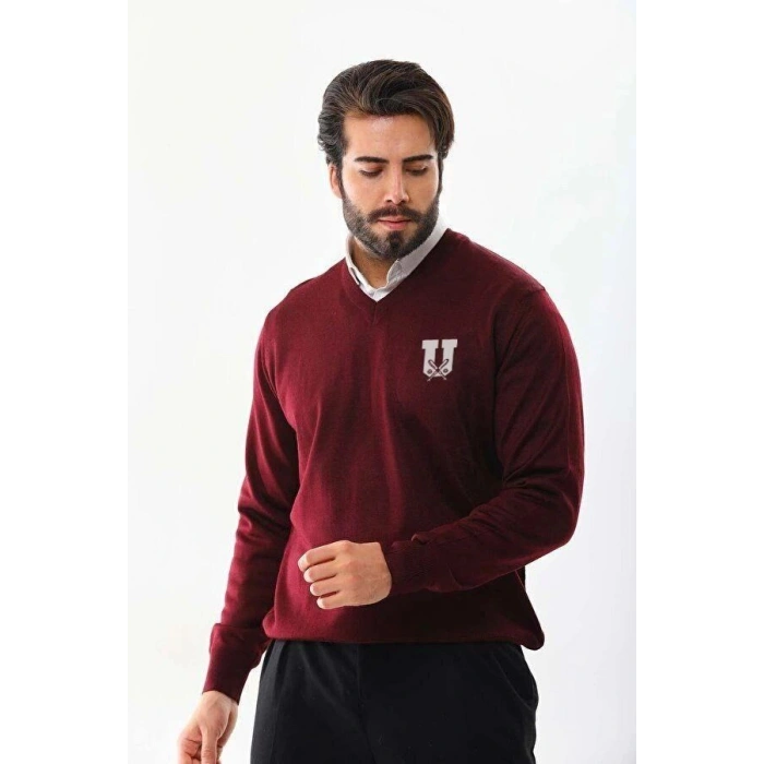 Erkek V Yaka Kazak Baskılı Dokuma Triko - Bordo