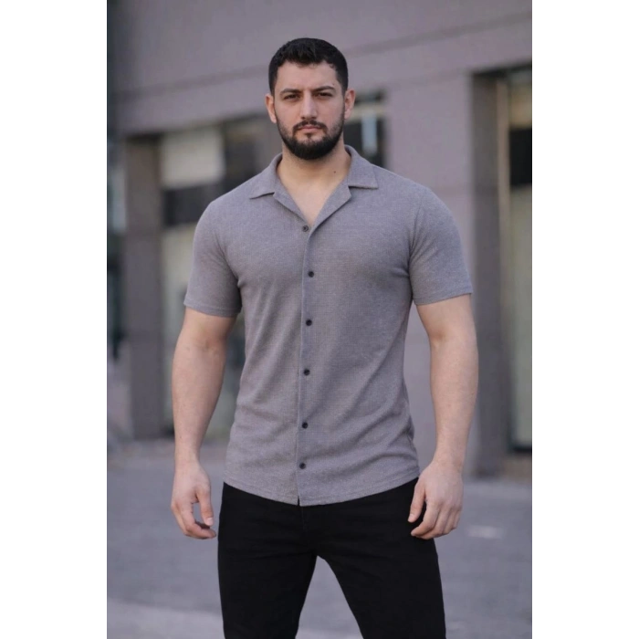 Erkek Waffle Dokuma Kumaş Açık Yakalı Düğmeli Gömlek 2’li Set Beyaz-Gri