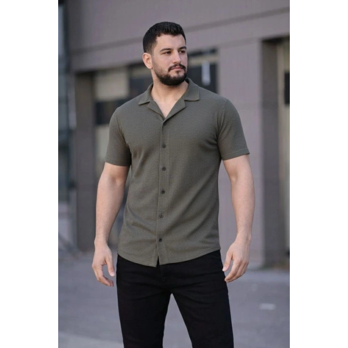 Erkek Waffle Dokuma Kumaş Açık Yakalı Düğmeli Gömlek 2’li Set Haki-Bej