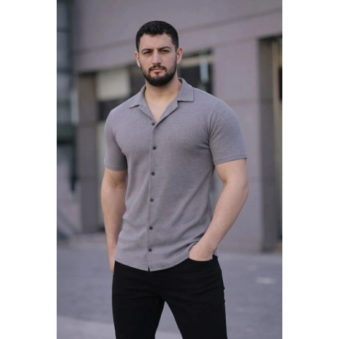 Erkek Waffle Kumaş Açık Yakalı Düğmeli Regular Fit Gömlek 2’li Set Lacivert-Gri