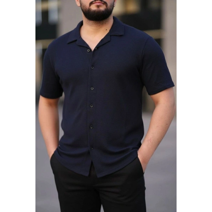 Erkek Waffle Kumaş Açık Yakalı Düğmeli Regular Fit Gömlek 2’li Set Lacivert-Gri