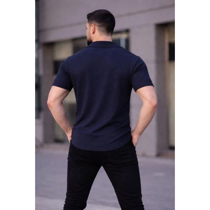 Erkek Waffle Kumaş Açık Yakalı Düğmeli Regular Fit Gömlek 2’li Set Lacivert-Gri