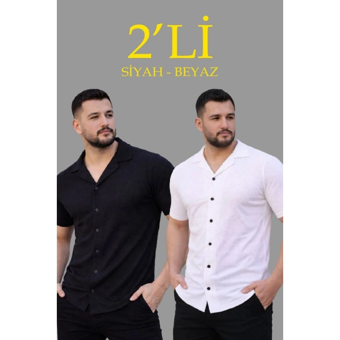 Erkek Waffle Kumaş Açık Yakalı Düğmeli Regular Fit Gömlek 2’li Set Siyah-Beyaz